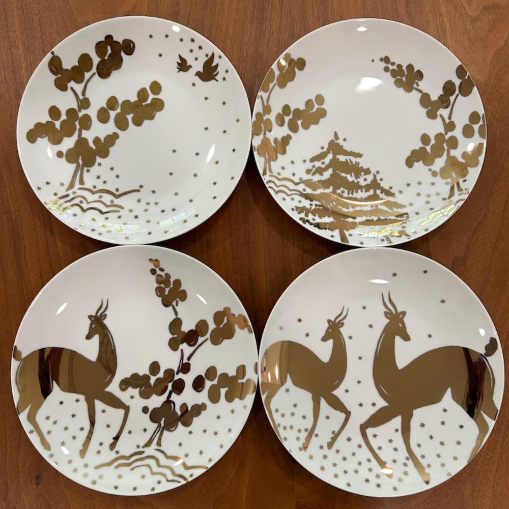 West Elm Holiday Plates Gilded Forest Porcelain Gold Leafed (set of 4)